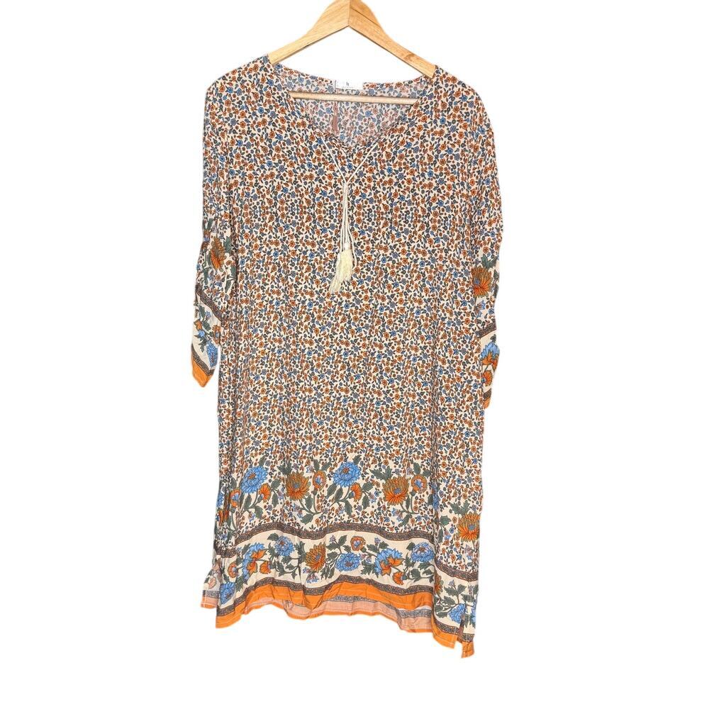 HOTOUCH Womens Large Boho Floral Dress Tassel Tie Bell Sleeve Knee Length NWT